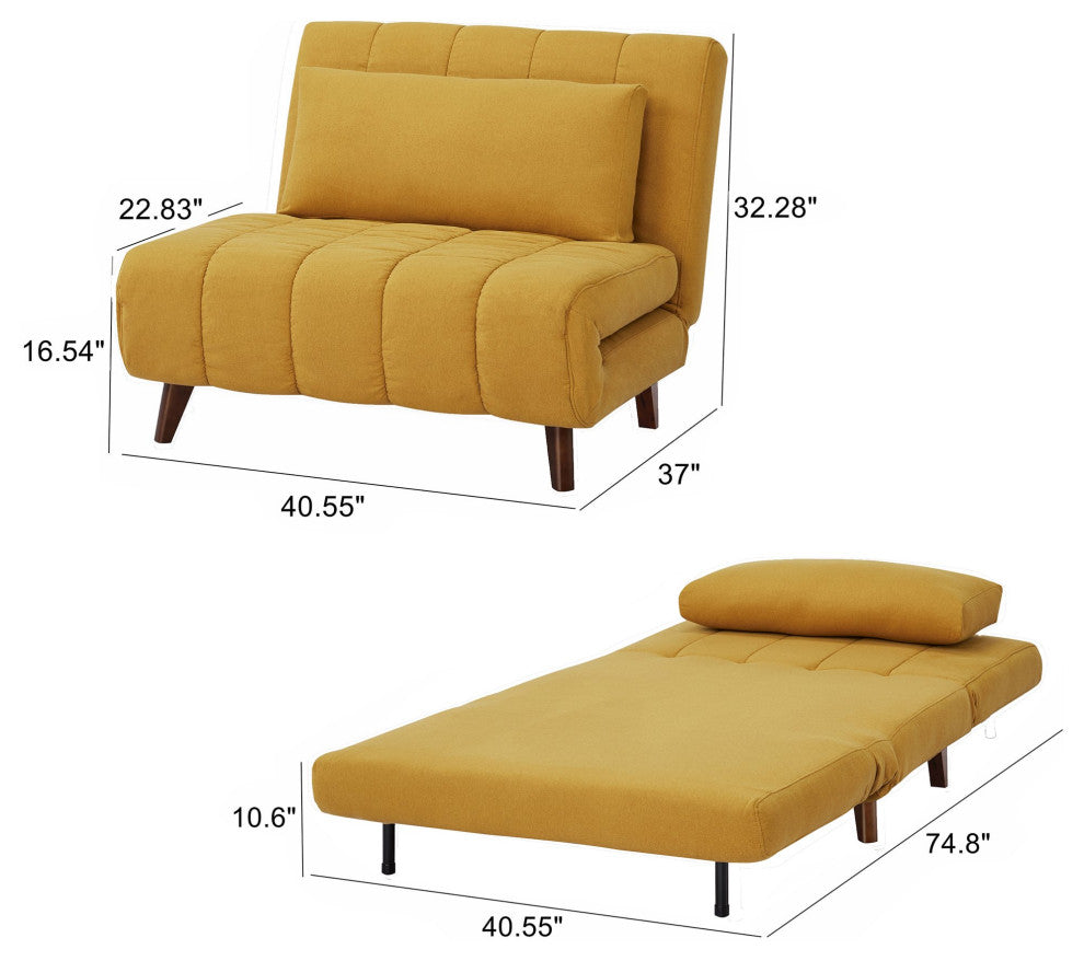 Convertible Futon Chair with Pine Wood Frame and Tufted Polyester Seat, Yellow