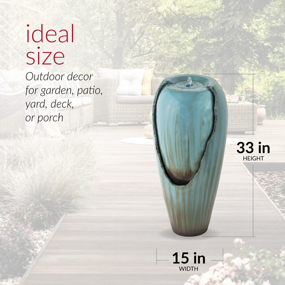 33" Tall Water Jar Fountain with LED Light, Turquoise