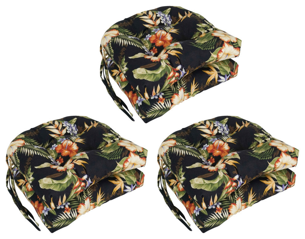 16" Patterned Outdoor U-Shaped Tufted Chair Cushions, Set of 6, Freeport Ebony