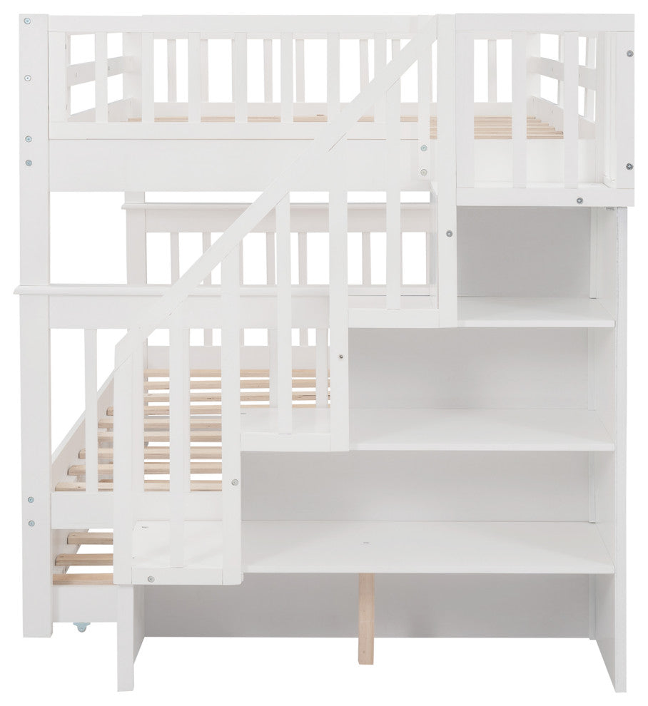 Gewnee Pine Wood Full Over Full Bunk Bed with Trundle and Stairway in White