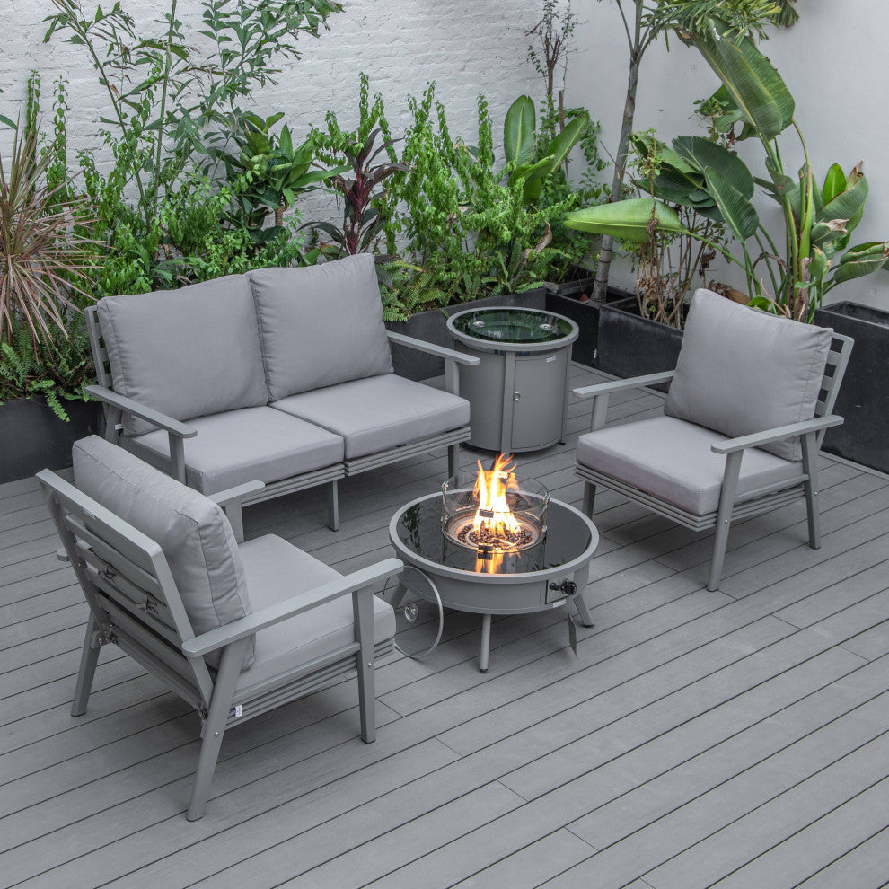 LeisureMod Walbrooke Grey Patio Sofa Set With Round Fire Pit Table, Grey