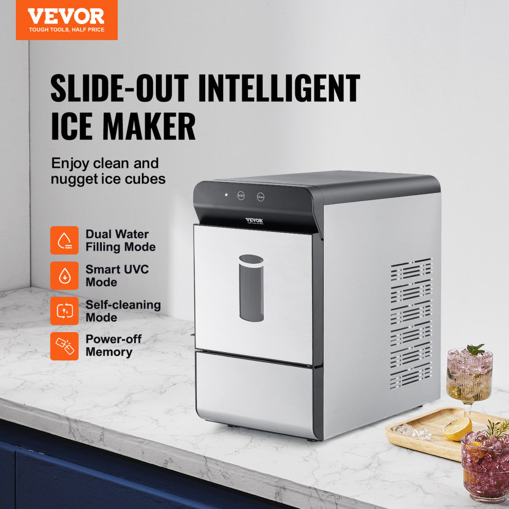 VEVOR Nugget Ice Maker Countertop 37Lbs/24H Portable Ice Cube Machine Self-Clean