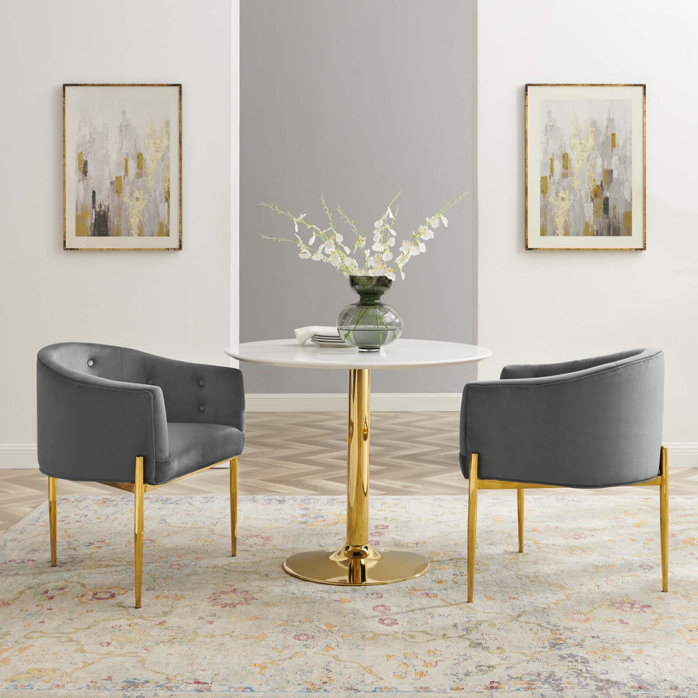 Tufted Accent Chair, Set of 2, Velvet, Metal, Gray, Modern, Lounge