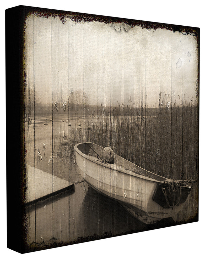 "Stranded Boat Morning Vintage Planked Look" Stretched Canvas Wall Art