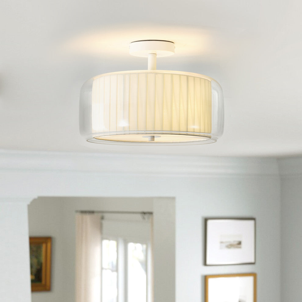 Modern 3-Light Semi Flush Mount Glass Ceiling Light with White Fabric Shade