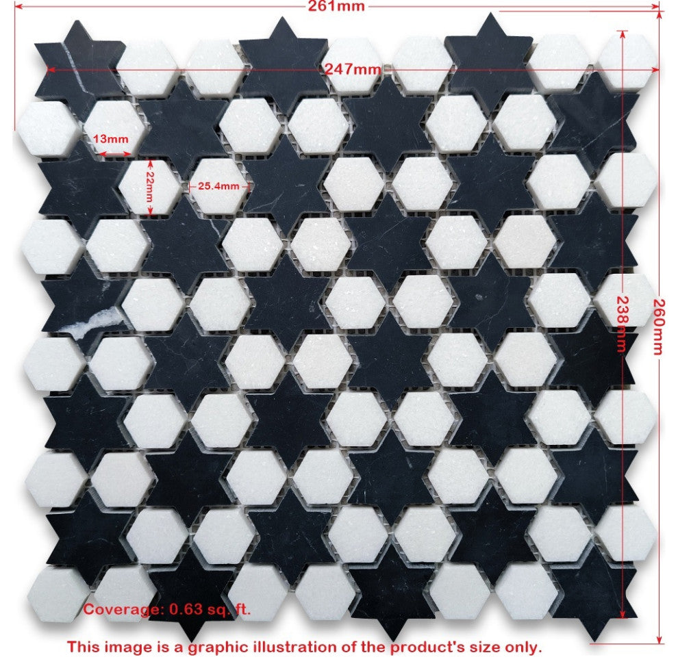 Thassos White Marble Starry Night Hexagram Hexagon Mosaic Tile Black, 1 sheet