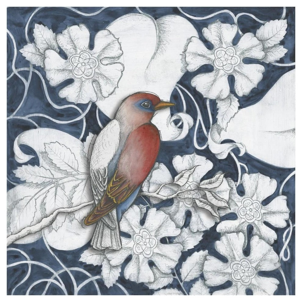 "Arts and Crafts Bird Indigo I" Digital Paper Print by Elyse DeNeige, 20"x20"
