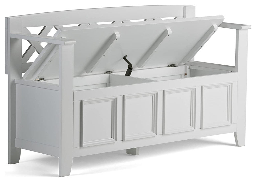 Transitional Storage Bench, X-Shaped Patterned Back and Raised Accents, White
