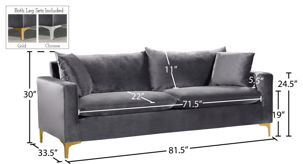 Naomi Velvet Upholstered Sofa, Gray