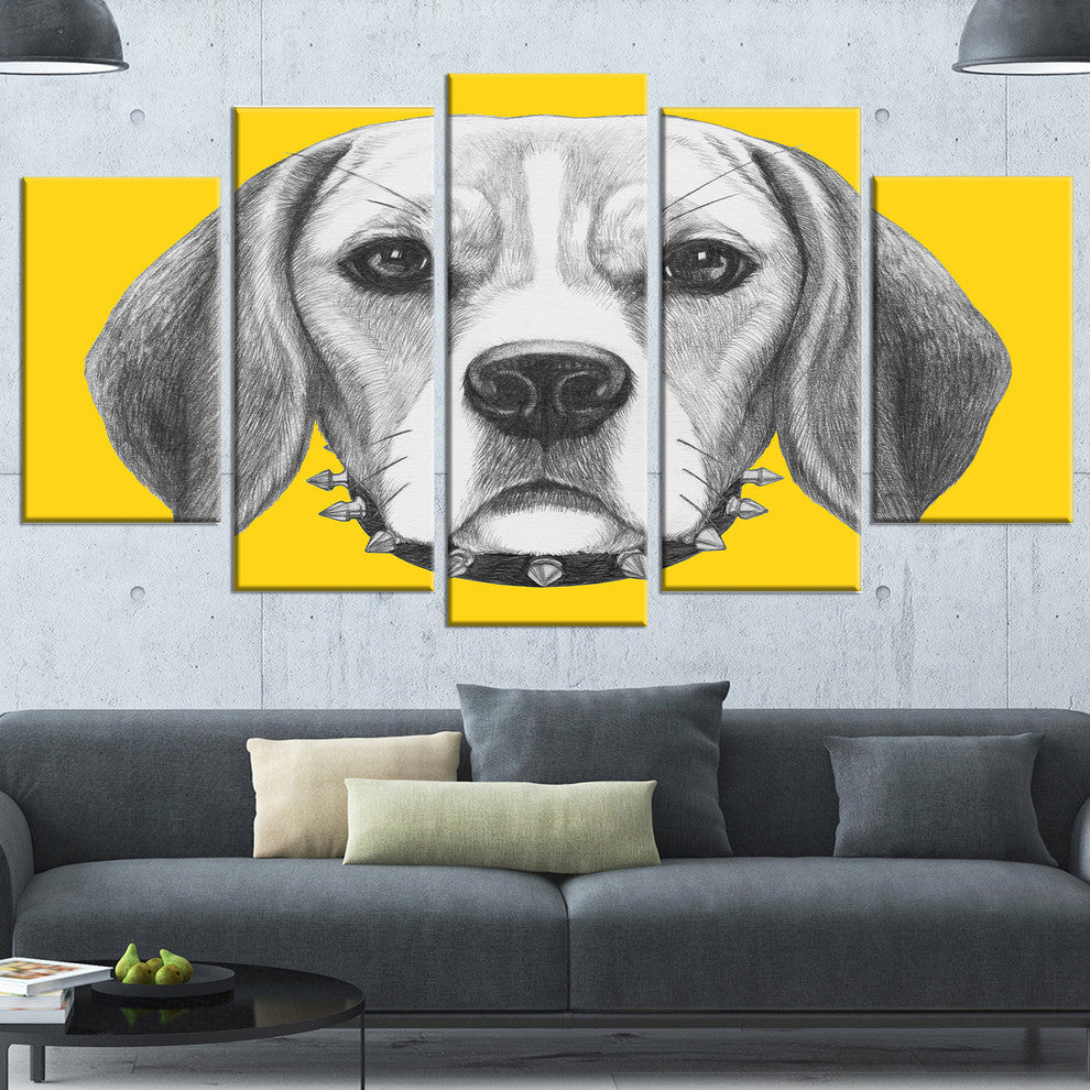 Funny Beagle Dog with Collar, Animal Canvas Art Print, 60"x32", 5 Panels
