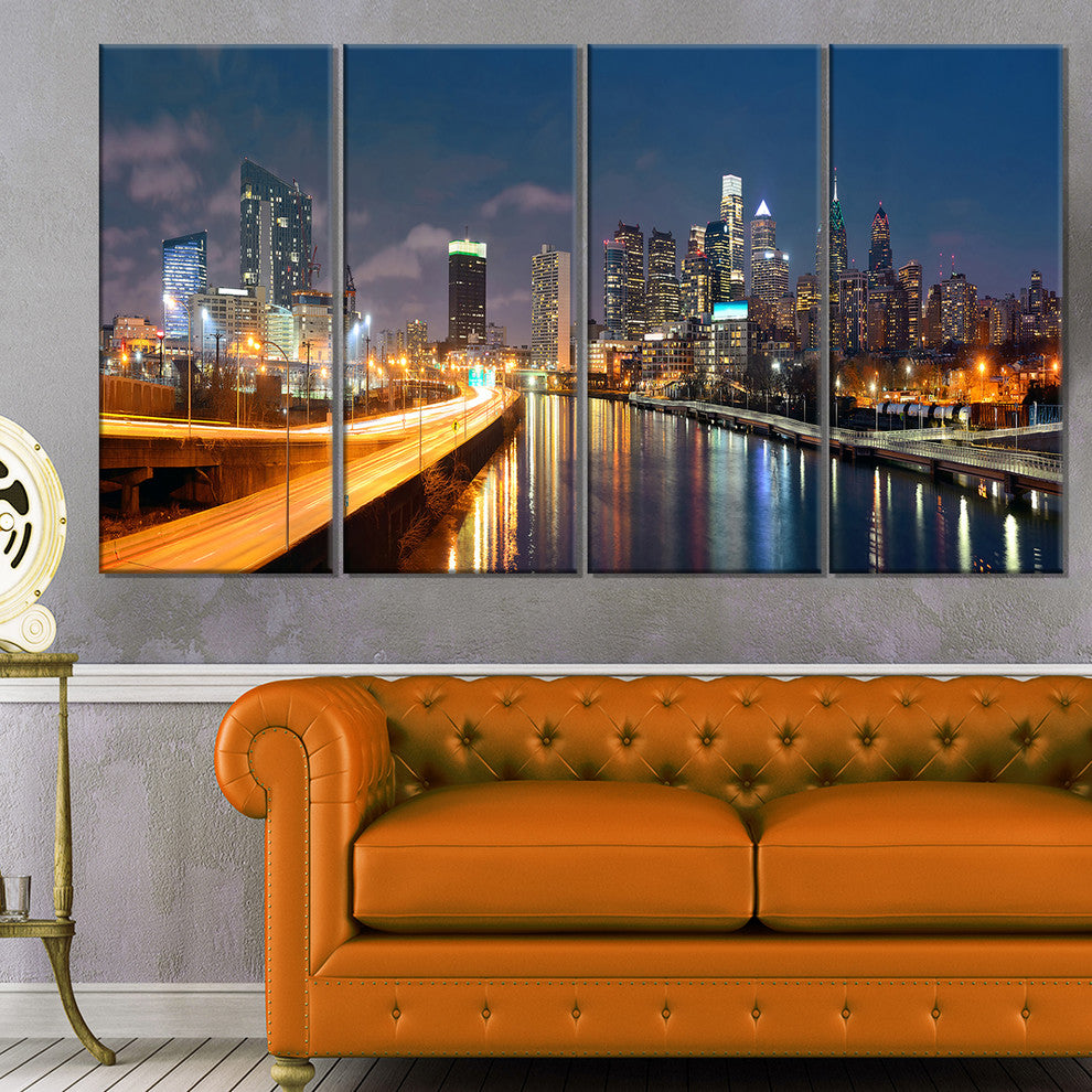 "Philadelphia Skyline at Night" Canvas Print48"x28", 4-Panels