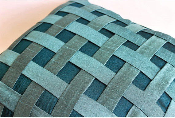 Peacock Green N Teal Basket Weave, Blue 14"x14" Silk Pillowcase