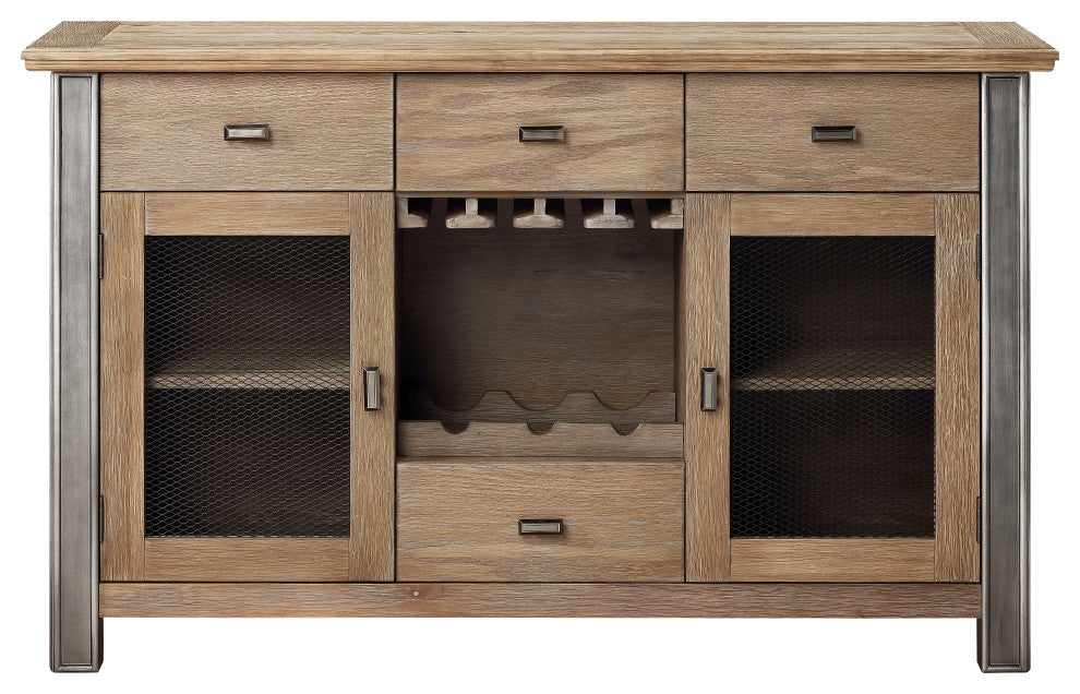 Benzara BM215015 Server With Mesh Metal Doors and Stemware Storage, Brown