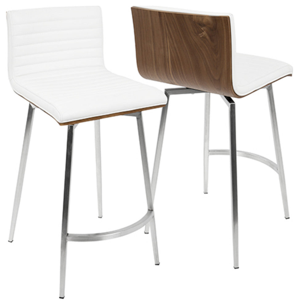 Mason Swivel Counter Stool, Set of 2, Stainless Steel/White PU/Walnut Wood