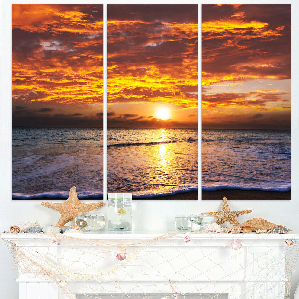 "Yellow Sunset Above Foaming Waves" Beach Metal Wall Art, 3 Panels, 36"x28"