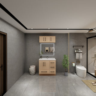 Victoria 36" Solid Wood Bath Vanity, Overhead Cabinet, Yellow Oak