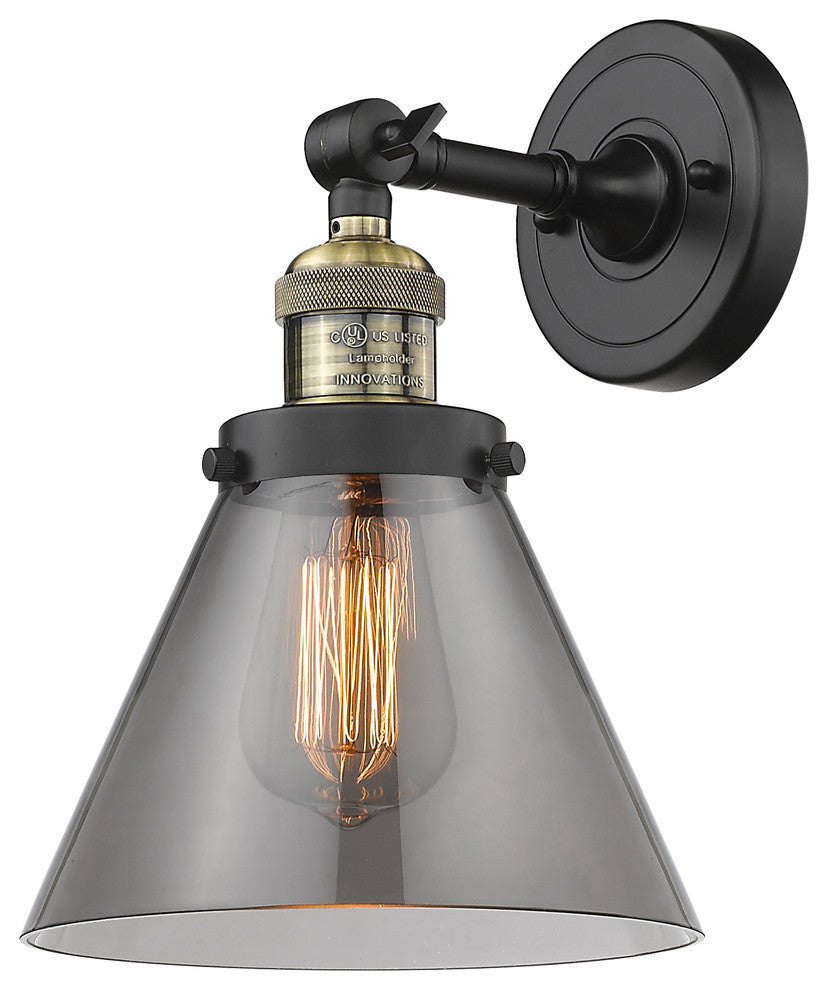 1-Light Large Cone 8" Sconce, Black Antique Brass, Glass: Smoked
