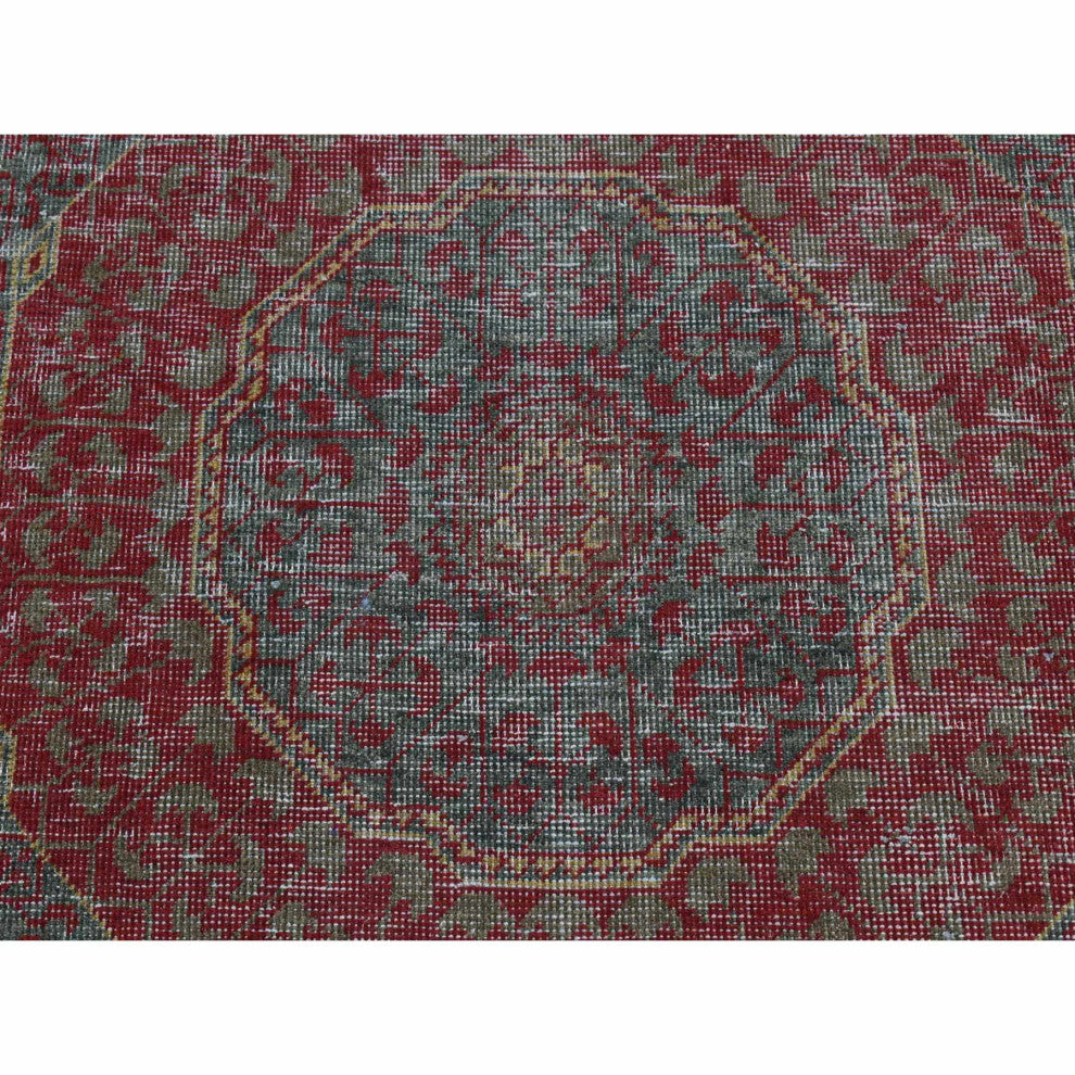 Green, Vintage Look Mamluk, Worn Wool Hand Knotted Runner Rug, 2'6"x9'10"