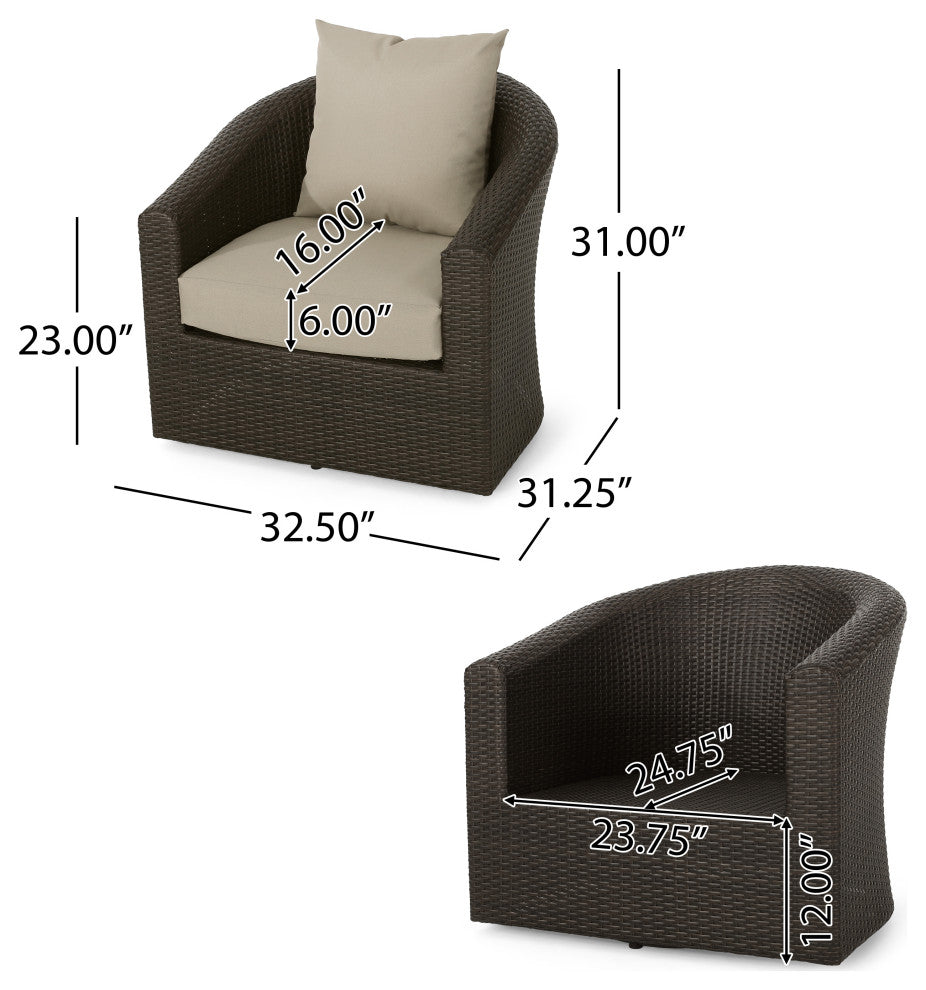 GDF Studio Dillard Outdoor Mix Brown Wicker Swivel Club Chair, Mix Khaki, Single