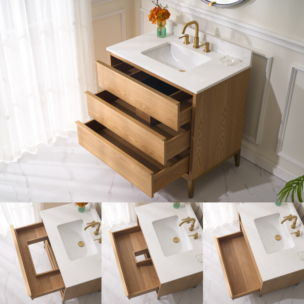 Nolan Freestanding Bathroom Vanity with Quartz Top, Light Oak, 36"