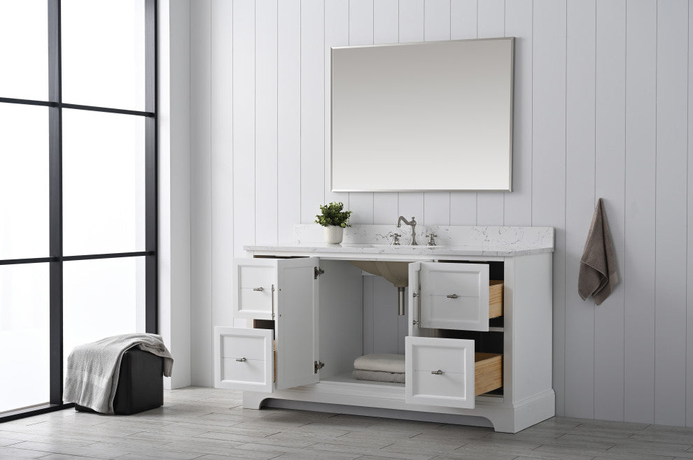Vanity Art Bathroom Vanity With Sink & Top, White, 60", Engineered Marble