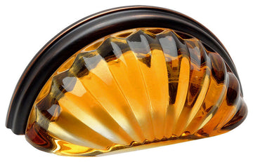 Real Glass Cabinet Cup Pulls with 3" Centers by Cosmas, Amber Glass, Oil Rubbed