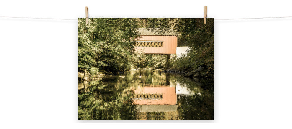 The Reflection of Wooddale Covered Bridge Aged Unframed Wall Art Print, 18" X 24"