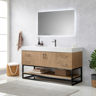 Alistair Vanity, North American Oak, Matte Black Hardware, 60" Single Sink, With Mirror