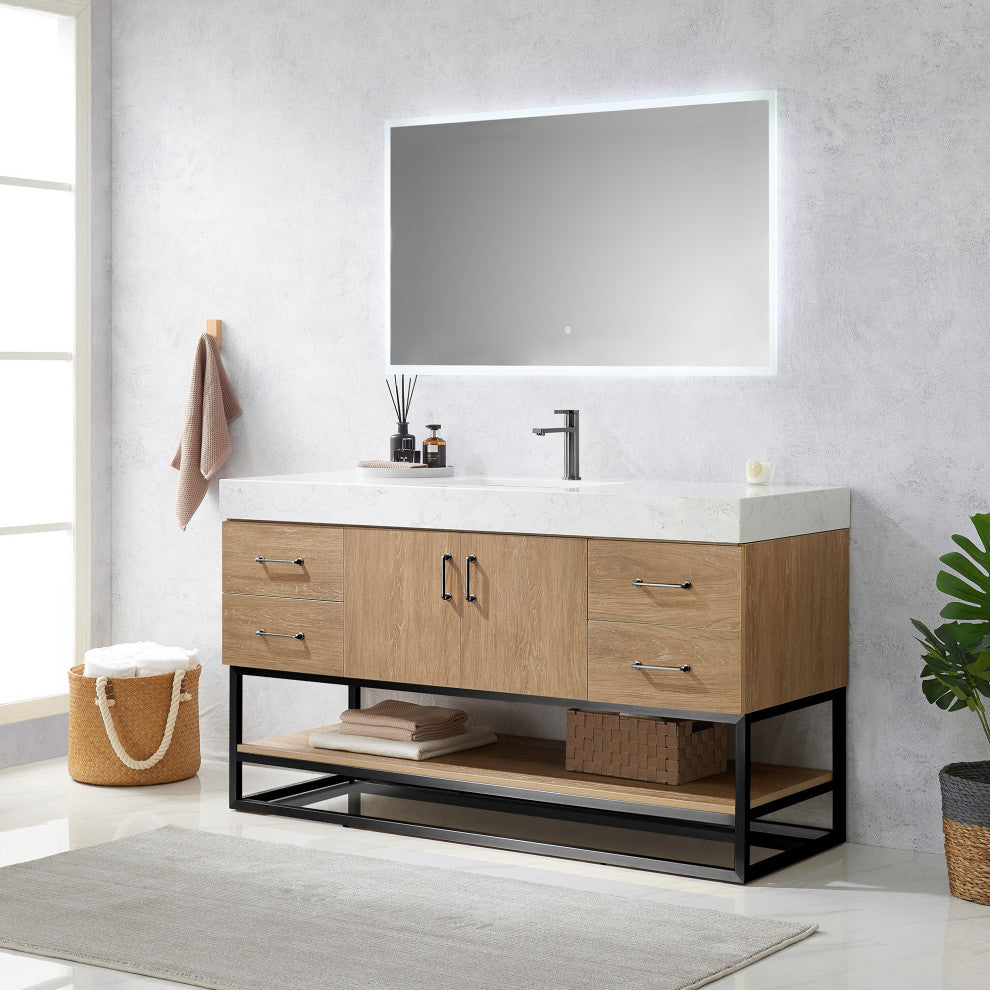 Alistair Vanity, North American Oak, Matte Black Hardware, 60" Single Sink, With Mirror