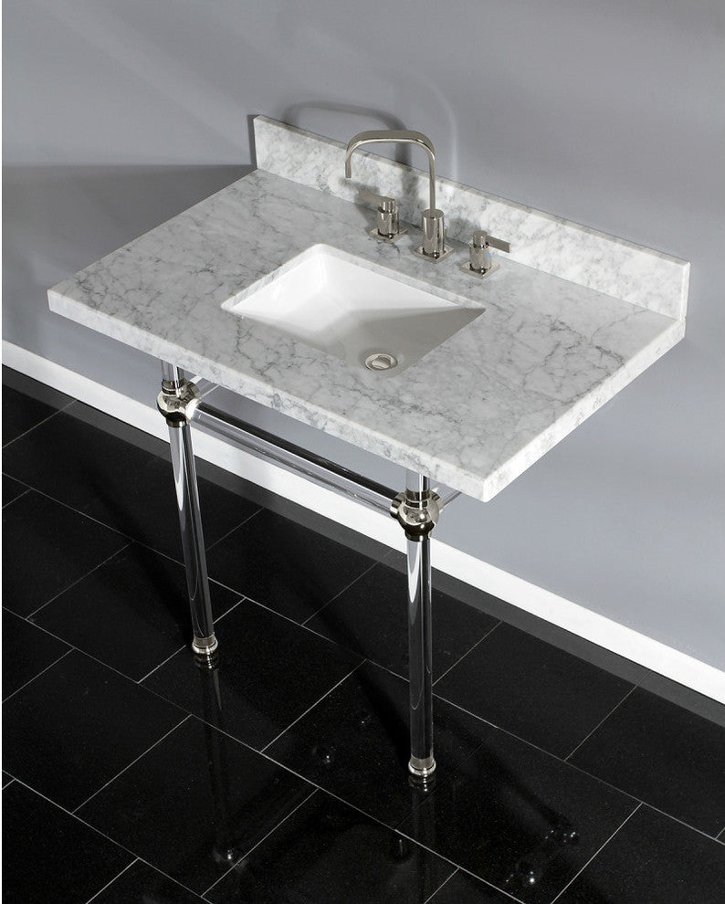 36X22 Marble Vanity Top w/Acrylic Console Legs, Carrara Marble/Polished Nickel