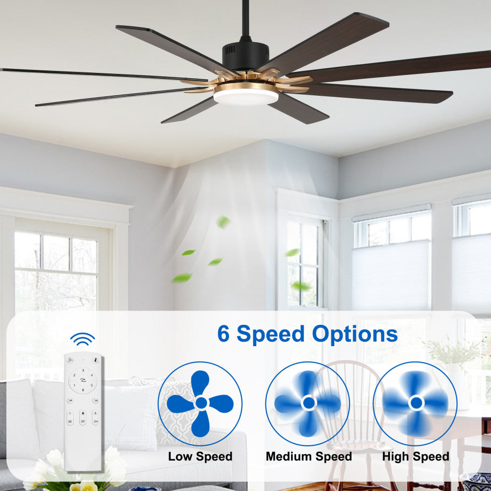 Large 72" Modern 8 Wood Blades Ceiling Fan w Dimmable LED Light Kit , Black