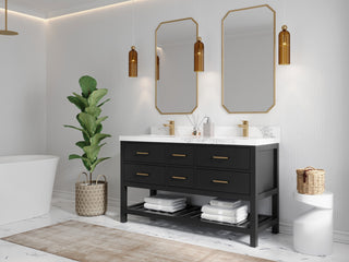 Parker 60" Double Sink Bath Vanity, Black 2" Calacatta Laza