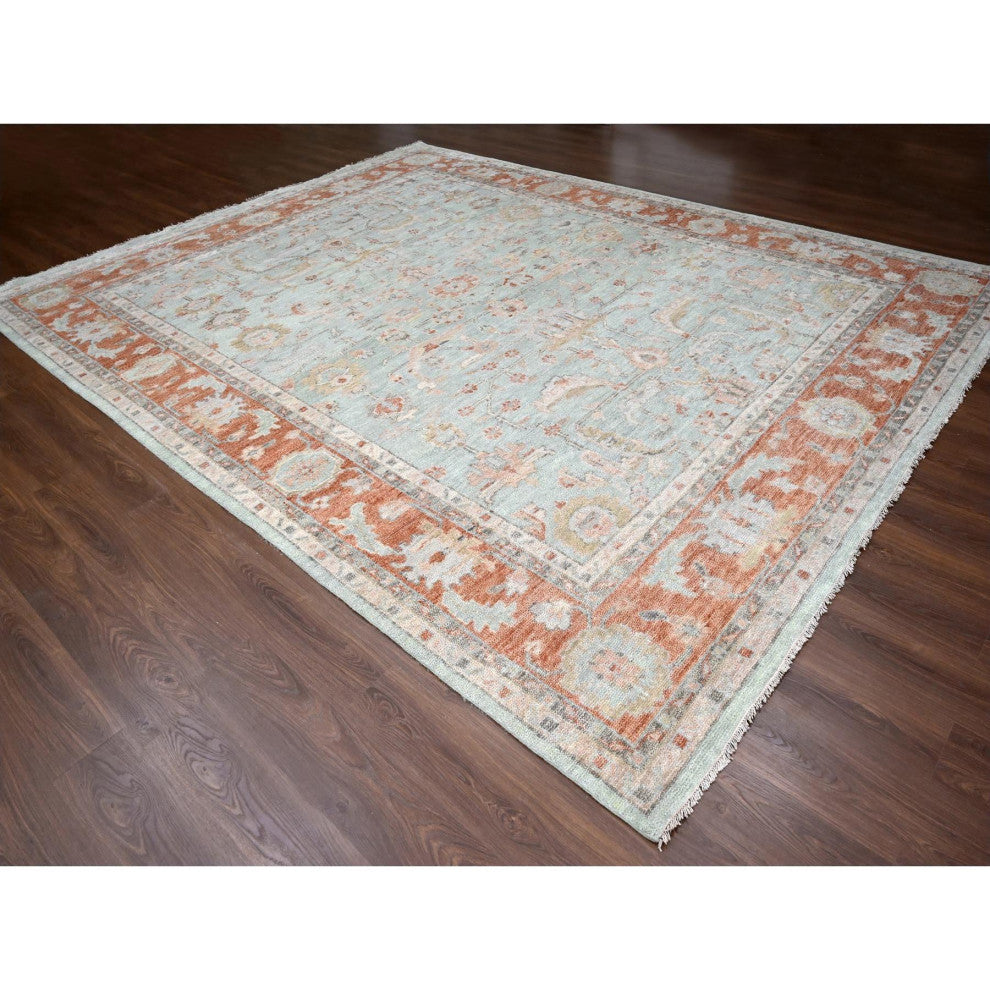 Sage Green Hand Knotted Oushak Design Wool Over Oriental Rug, 11'10"x14'8"