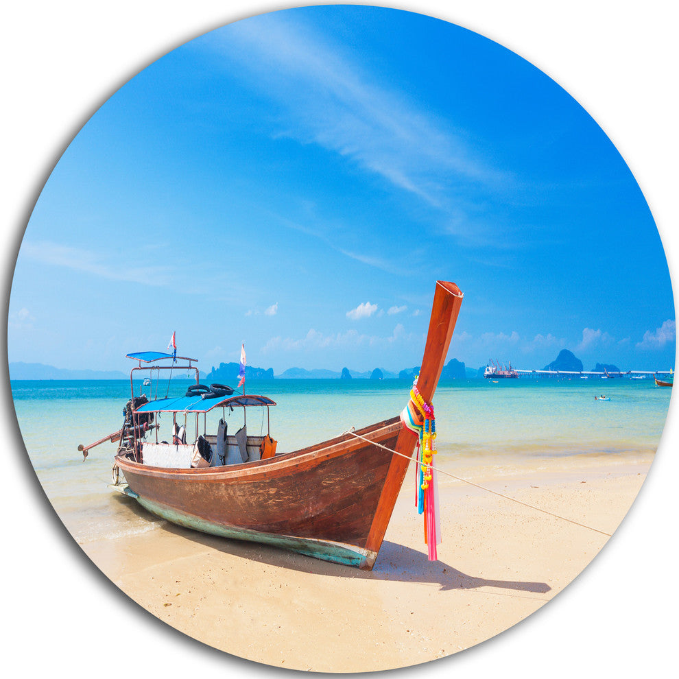 Tropical Beach With Boat, Seashore Photo Disc Metal Wall Art, 11"