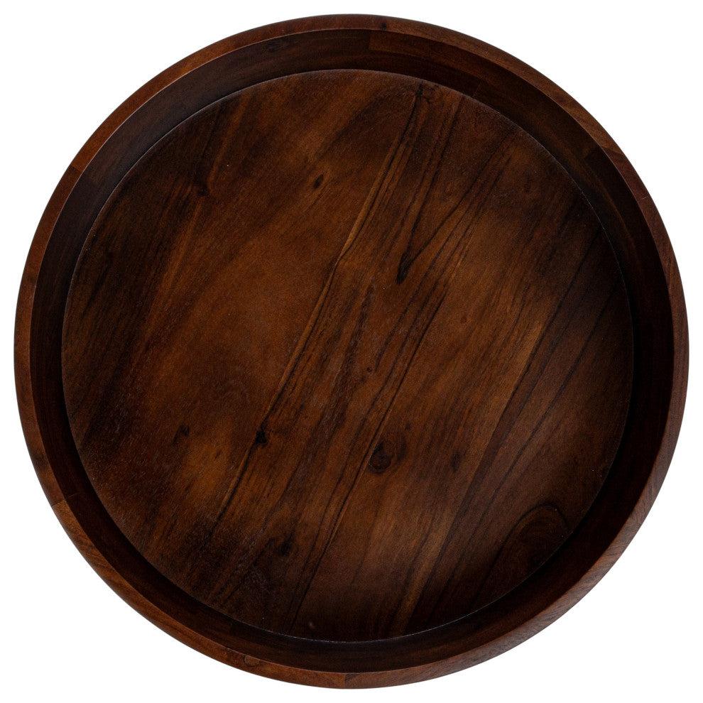 Round Acacia Wood Serving Bowl With Lid, Walnut Brown
