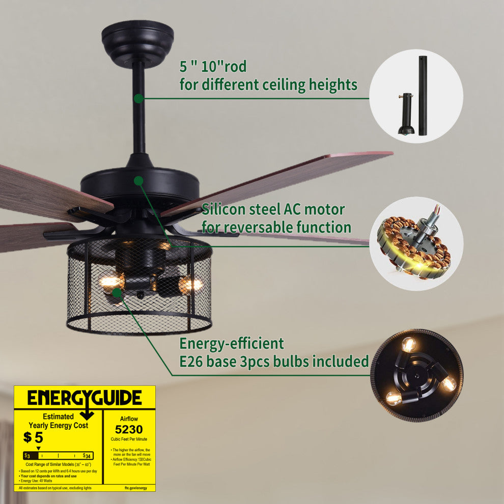 52" Ceiling Fan With Lights and Remote Control, Reversible Blades, Matte Black