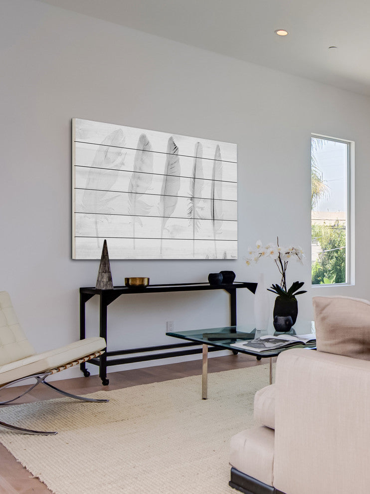 "Five White Feathers" Wall Art on Wood, 45"x30"