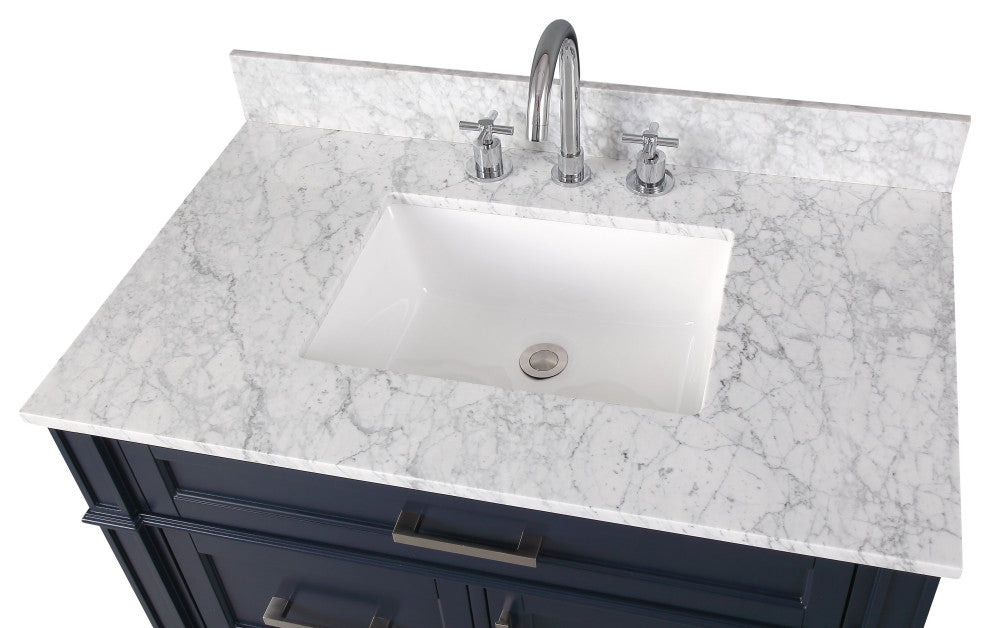 36 Inch Durand Modern Navy Blue Bathroom Sink Vanity with Stone Counter Top, Italian Carrara Top