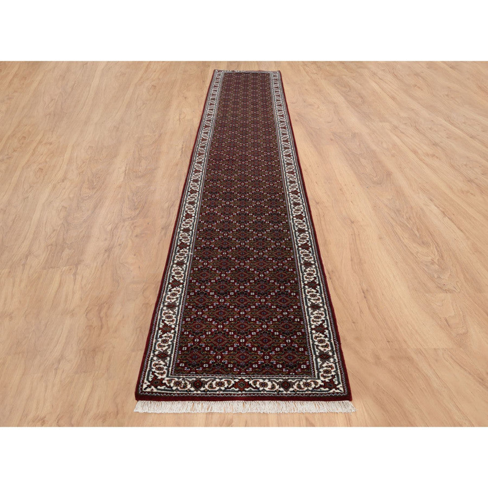 Red Herati Wool and Silk 175 KPSI Hand Knotted Runner Rug, 2'1"x13'10"