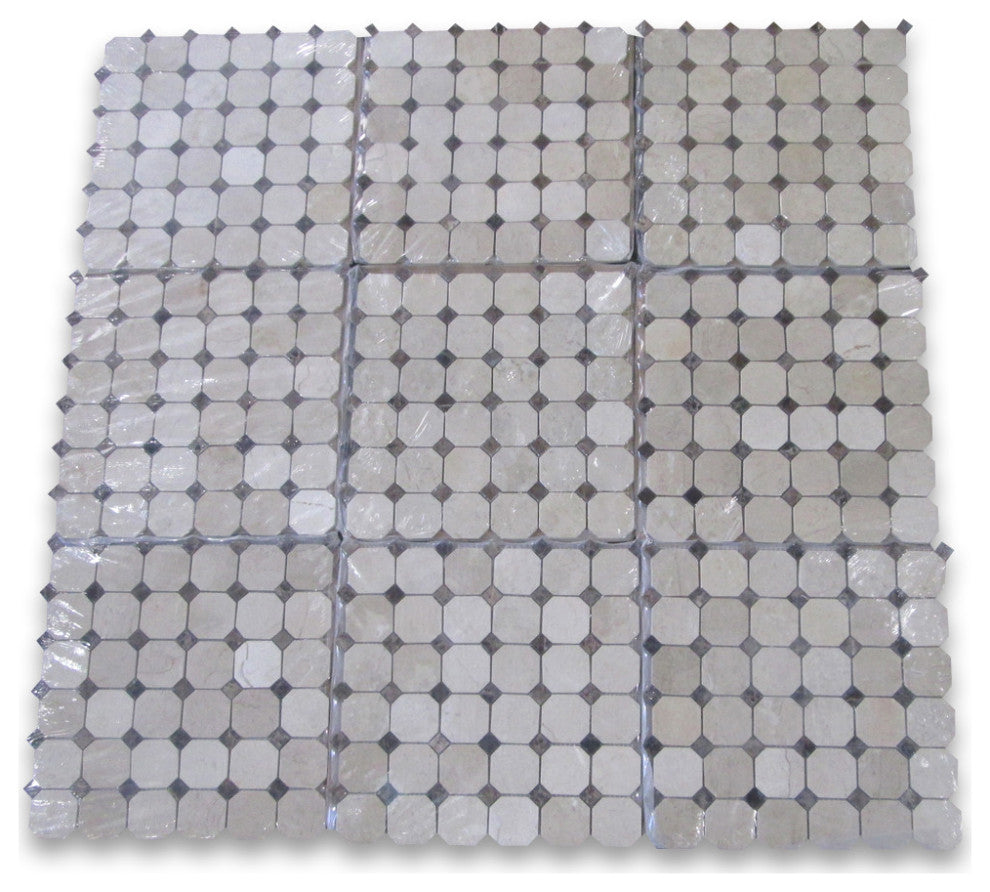 Crema Marfil Marble 2 inch Octagon Mosaic Tile Emperador Dots Polished, 1 sheet