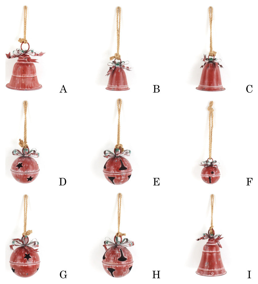 Set of 9 Assorted Sized Hanging Christmas Bells, Antique Red