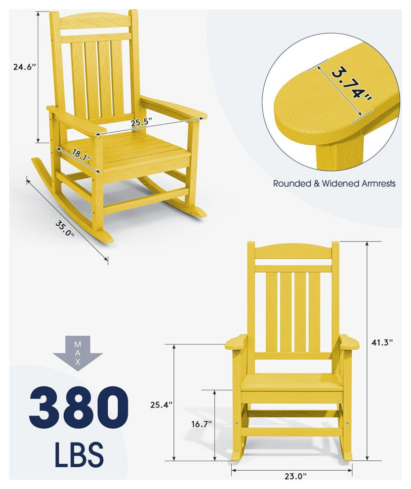 All-Weather HDPE Patio Rocker With High Back and Classic Slat Design, Yellow