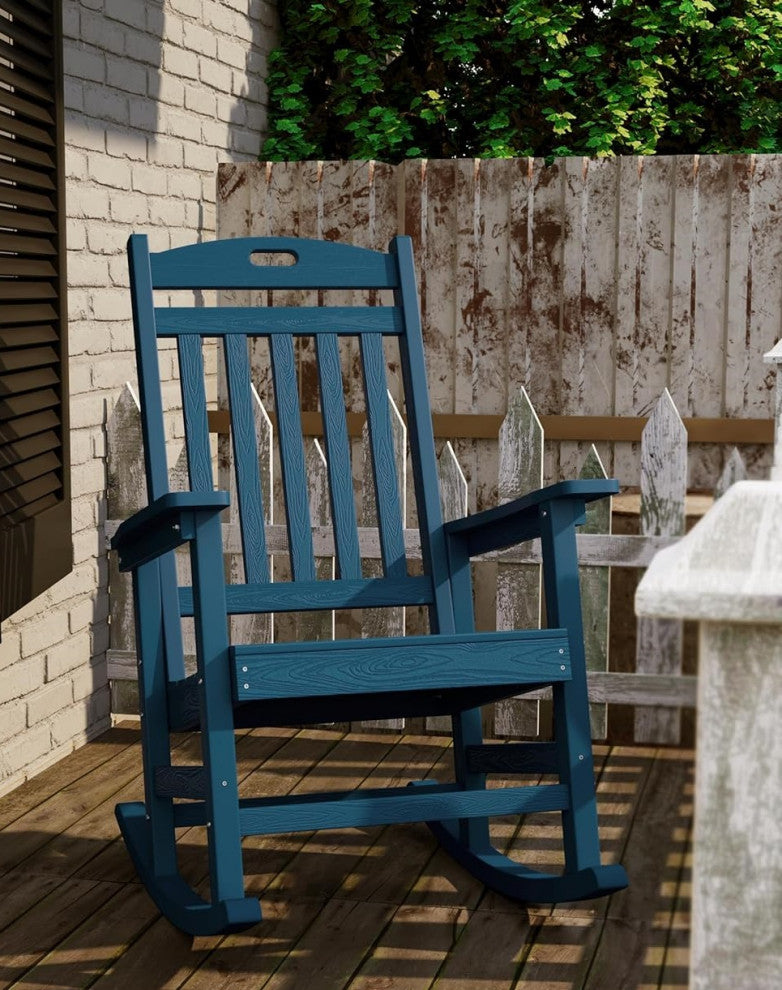 Weatherproof Outdoor Rocking Chair With High Back and Wood Look Finish, Navy Blue