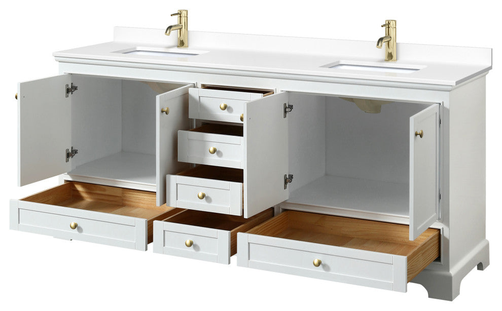80"DBL Bath Vanity, White, White Cult. Marble Countertop, Sinks, Gold Trim