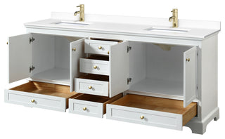 80"DBL Bath Vanity, White, White Cult. Marble Countertop, Sinks, Gold Trim