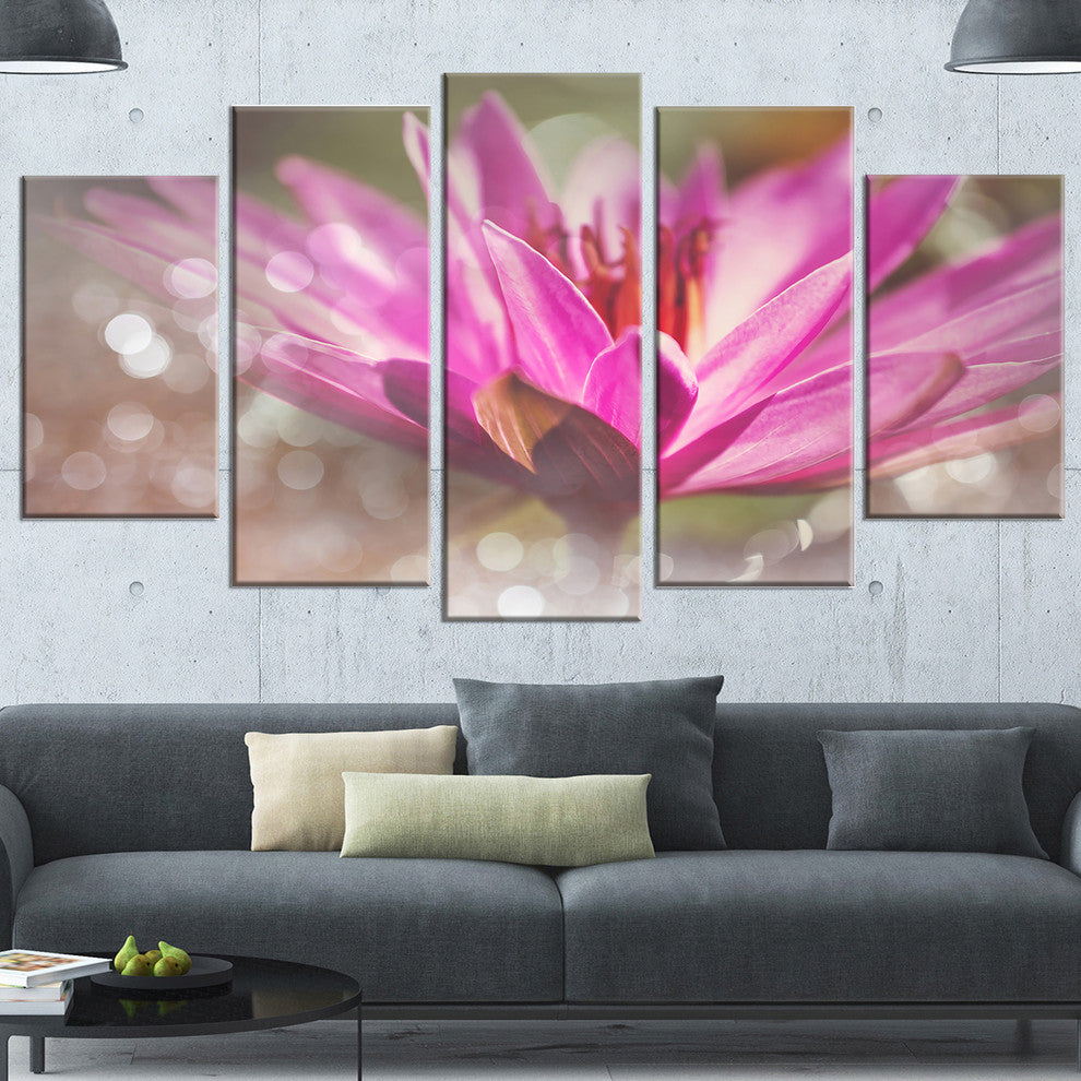 Pink Lotus on Abstract Background, Floral Canvas Art Print, 60"x32", 5 Panels