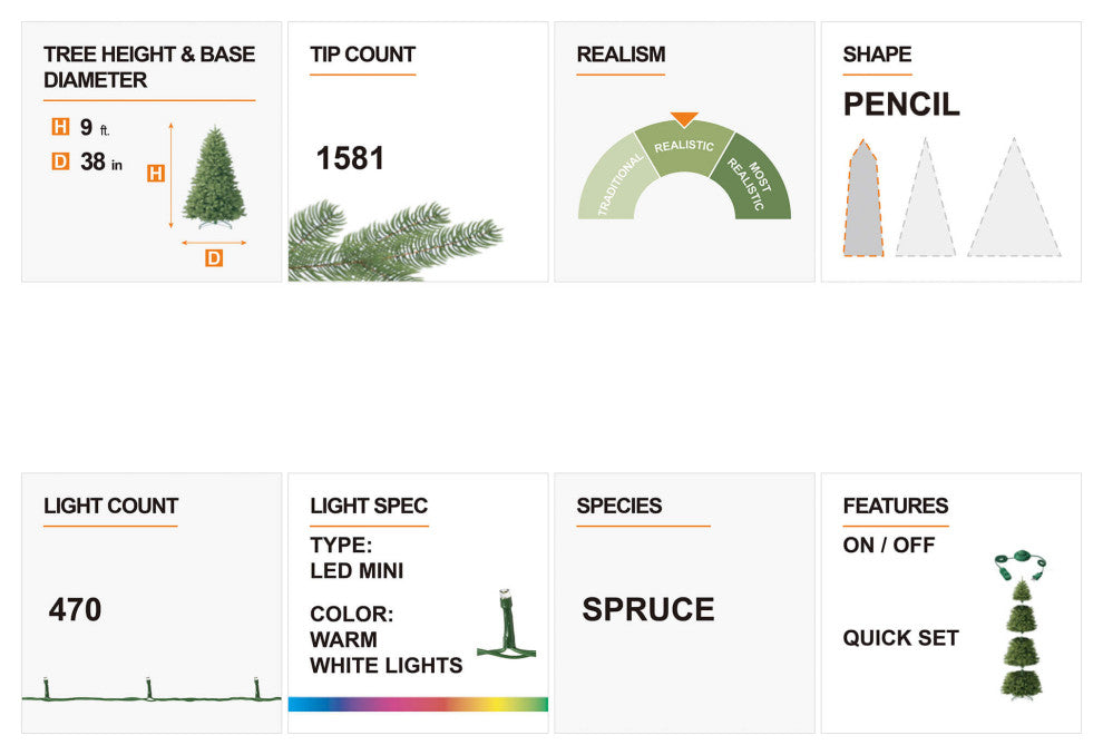 9' Pre-Lit Flocked Pencil Spruce Artificial Christmas Tree with 470 White Light