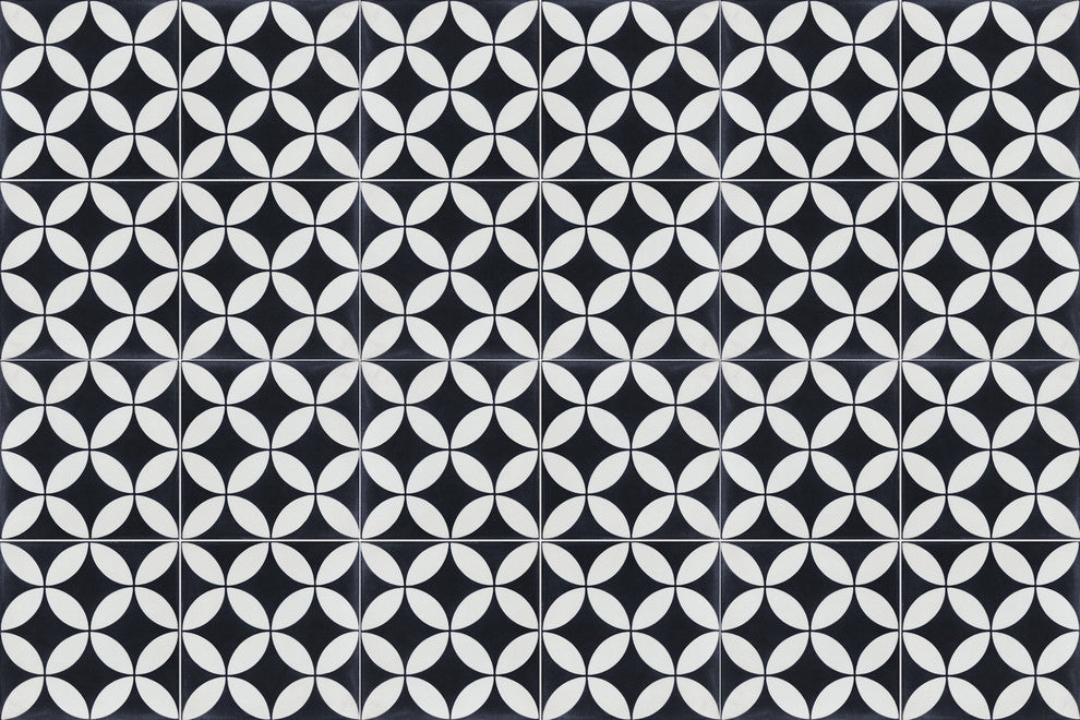 8"x8" Circulous Black and White Evening Cement Tiles, Set of 16