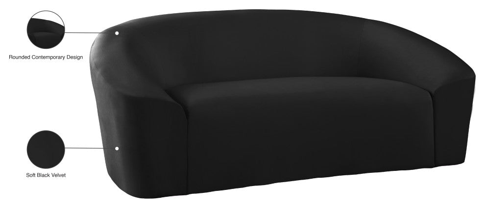 Riley Velvet Upholstered Rounded Loveseat, Black