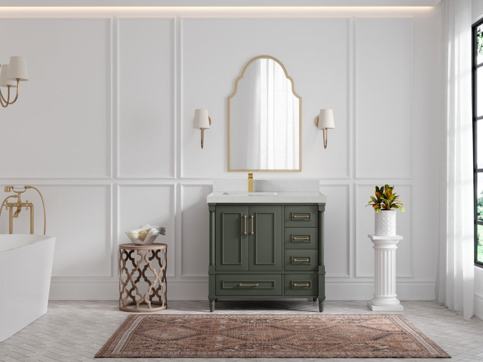 Aberdeen 36 Left Offset Bath Vanity in Pewter Green 2" Carrara Quartz